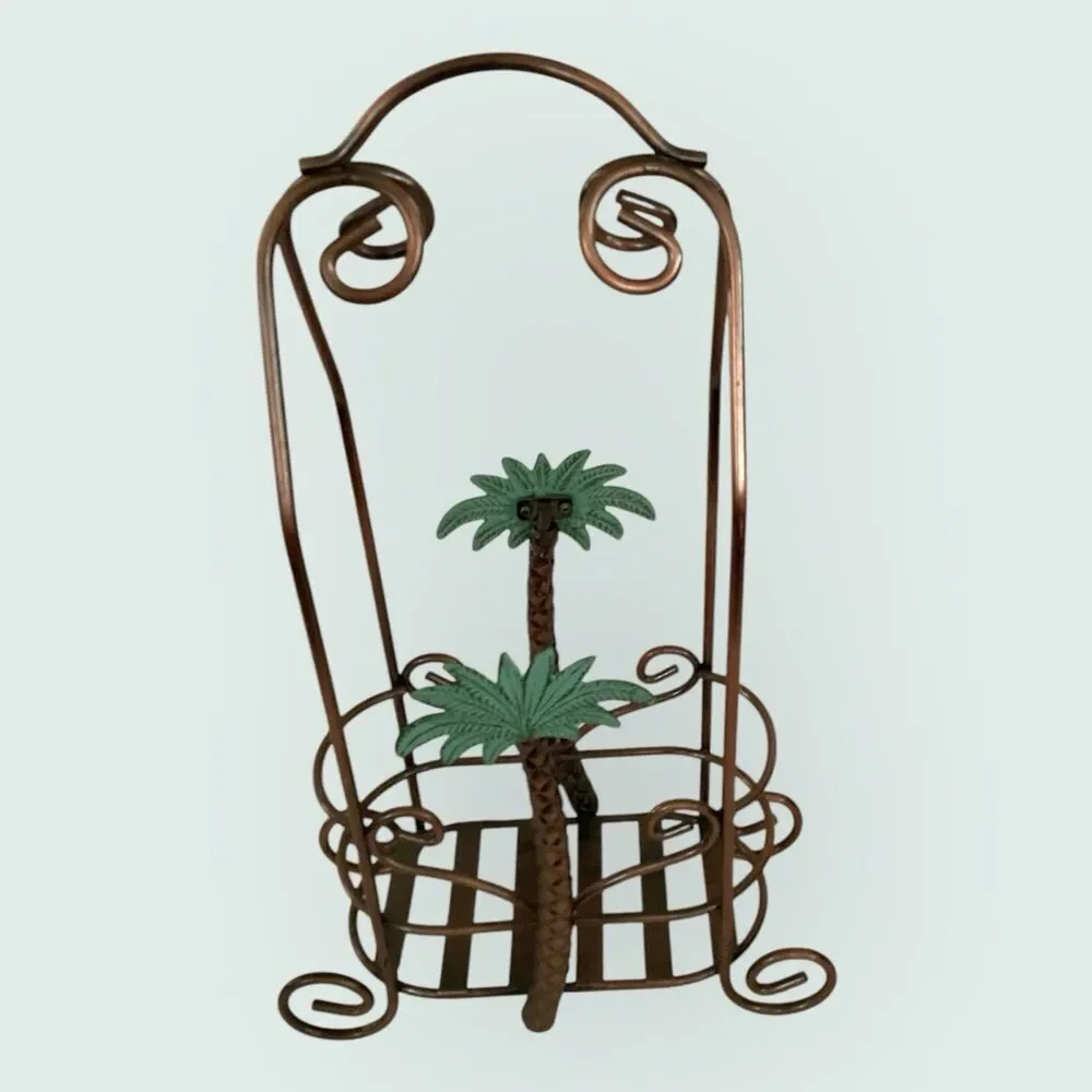 Palm Tree Wine Caddy Copper Metal 2 Bottle Or Plant Holder Tropical Decor